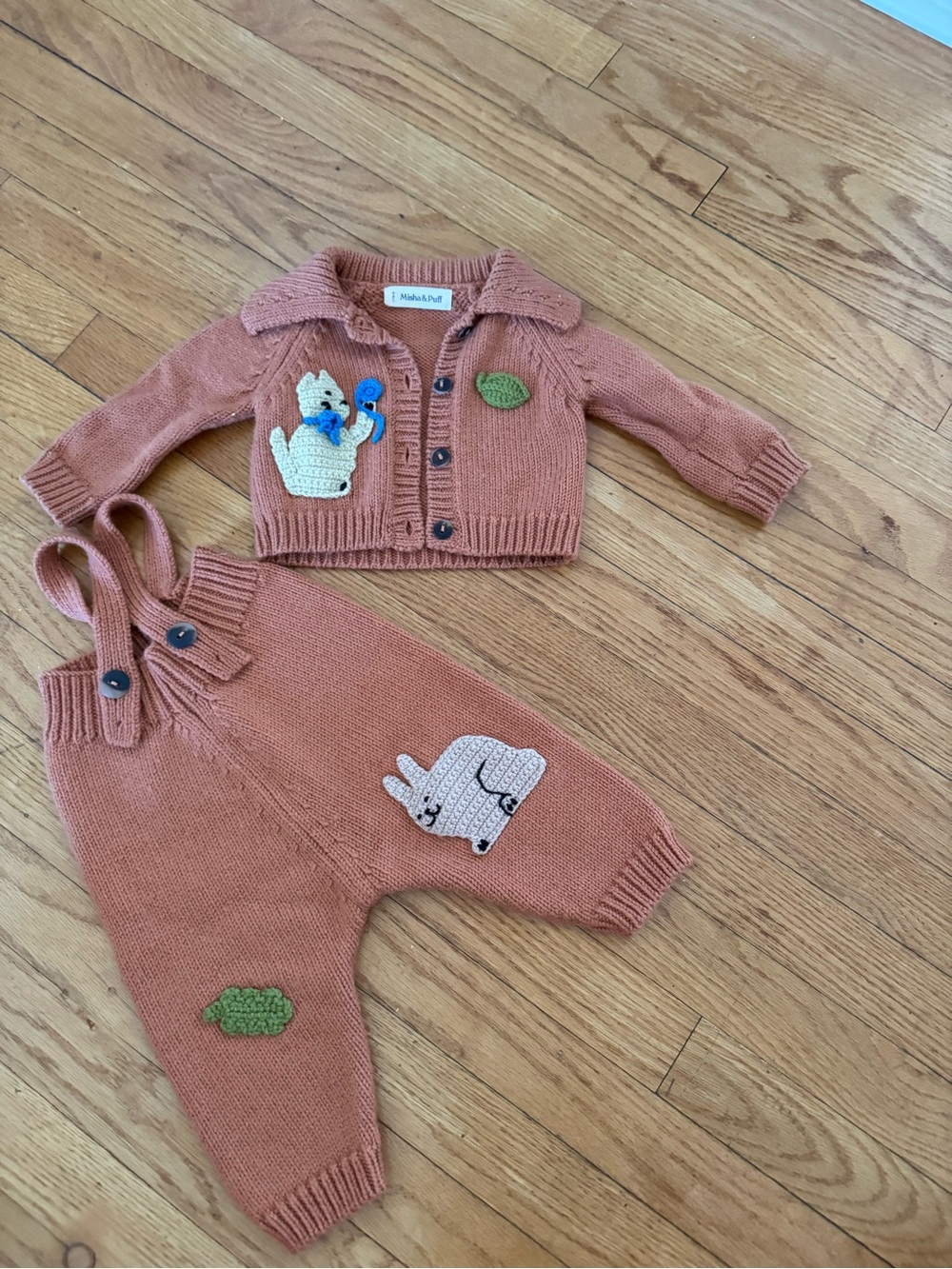Misha And Puff Terracotta Knit Baby Matching Set with Cream & Green Appliqués